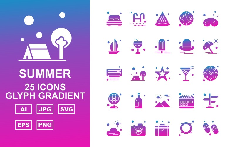 Download Набор иконок "25 Premium Summer II Glyph Gradient Pack Icon Set" / 25 Premium Summer II Glyph Gradient Pack Icon Set - Набор иконок на тему weather bedroom,outdoor,calendar,direction,cloud,camera,briefcase,swimming tube,sandal,swimming pool,watermelon,earth,snorkeling,boat,fruit juice glass,ice cream,cap,umbrella,icon,icons