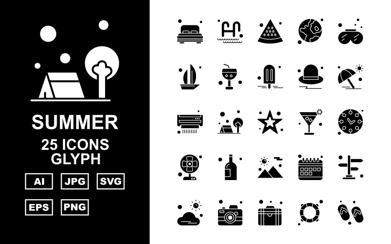 Download Набор иконок "25 Premium Summer II Glyph Pack Icon Set" / 25 Premium Summer II Glyph Pack Icon Set - Набор иконок на тему weather bedroom,outdoor,calendar,direction,cloud,camera,briefcase,swimming tube,sandal,swimming pool,watermelon,earth,snorkeling,boat,fruit juice glass,ice cream,cap,umbrella,icon,icons