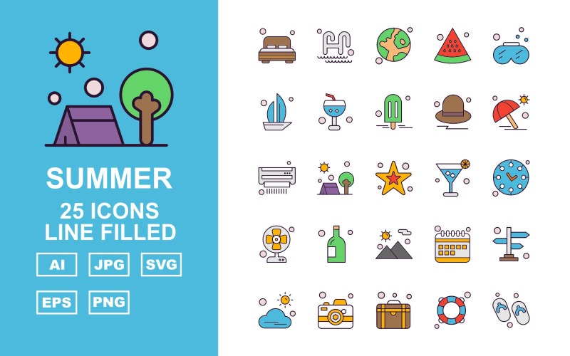 Download Набор иконок "25 Premium Summer II Line Filled Pack Icon Set" / 25 Premium Summer II Line Filled Pack Icon Set - Набор иконок на тему weather bedroom,outdoor,calendar,direction,cloud,camera,briefcase,swimming tube,sandal,swimming pool,watermelon,earth,snorkeling,boat,fruit juice glass,ice cream,cap,umbrella,icon,icons