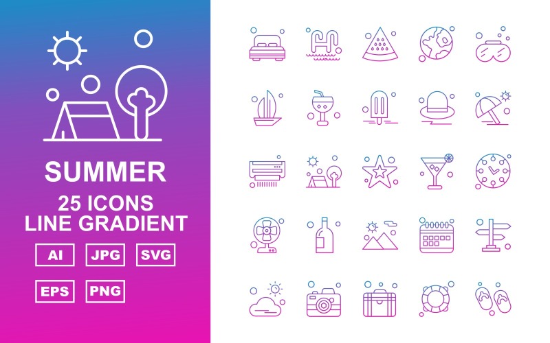 Download Набор иконок "25 Premium Summer II Line Gradient Pack Icon Set" / 25 Premium Summer II Line Gradient Pack Icon Set - Набор иконок на тему weather bedroom,outdoor,calendar,direction,cloud,camera,briefcase,swimming tube,sandal,swimming pool,watermelon,earth,snorkeling,boat,fruit juice glass,ice cream,cap,umbrella,icon,icons