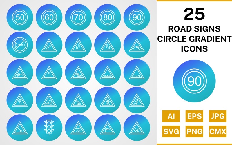 Download Набор иконок "25 Road Signs Circle Gradient Icon Set" / 25 Road Signs Circle Gradient Icon Set - Набор иконок на тему text set,file,icon,icons,line,circle,vector,sign,symbol,pictogram,gradient,road signs,speed limit 70,right,bend,steep ascent,air field,falling rocks,two way traffic,right bend