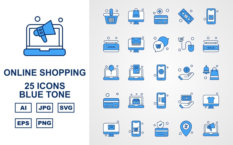 Sada ikon 25 prémiových online nakupování s modrými tóny
