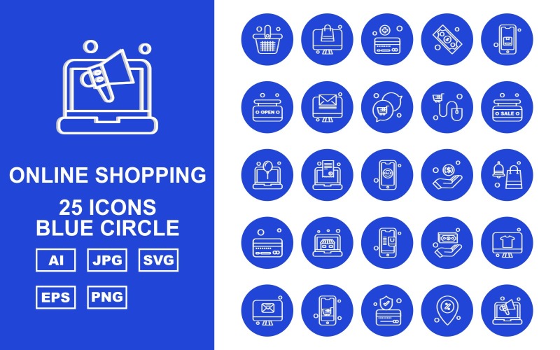 25 Set di icone del pacchetto cerchio blu dello shopping online premium