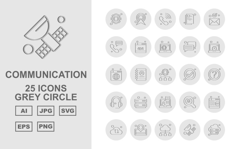 25 Set di icone di rete Premium e comunicazione cerchio grigio Pack