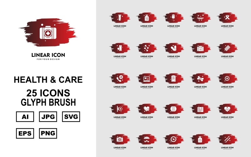25 set di icone Premium Health And Care Glyph Brush Pack