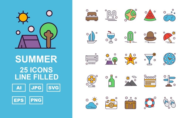 25 Set di icone Premium Summer II Line Filled Pack