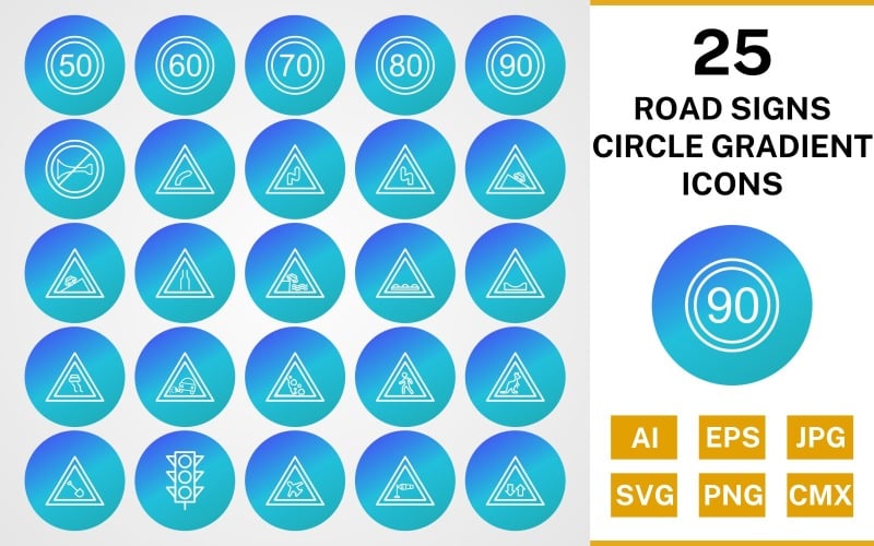 25 znaków drogowych koło gradientu zestaw ikon