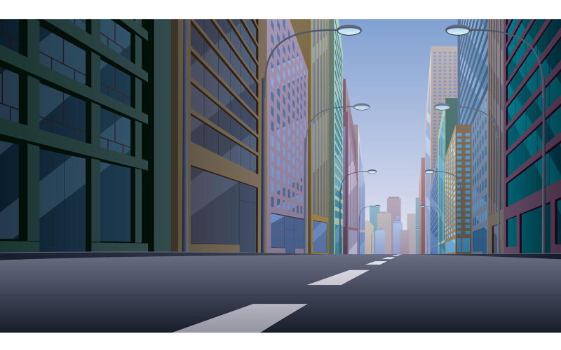 Download Иллюстрация "City Street - Illustration" / City Street - Illustration - Иллюстрация на тему графика city,street,boulevard,avenue,sidewalk,asphalt,road,background,landscape,cityscape,skyline,metropolis,downtown,center,day,noon,cartoon,horizontal,skyscraper