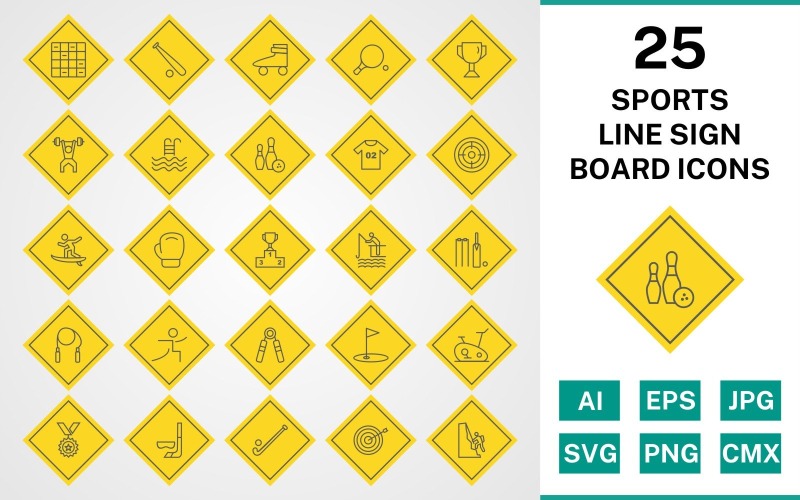 Conjunto de ícones de placa de sinal de linha de 25 esportes e jogos