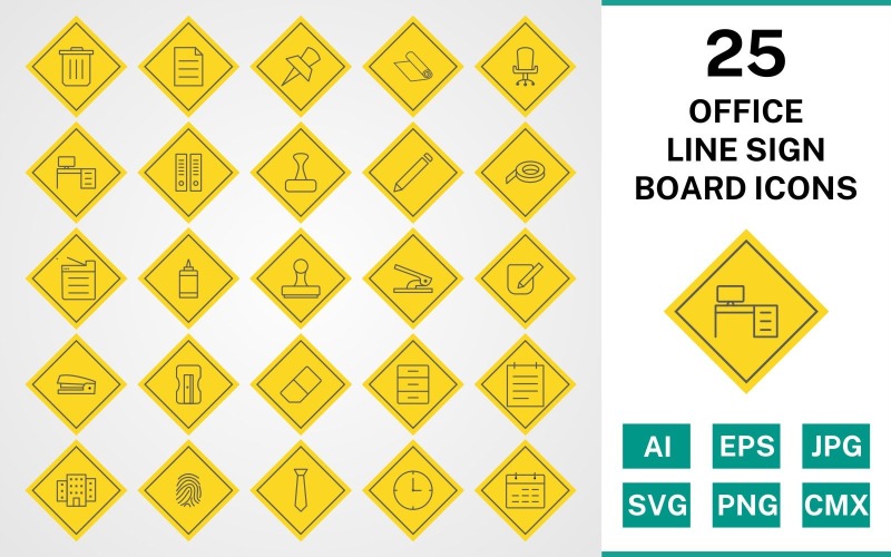 25 Conjunto de ícones de placa de sinal de linha de escritório