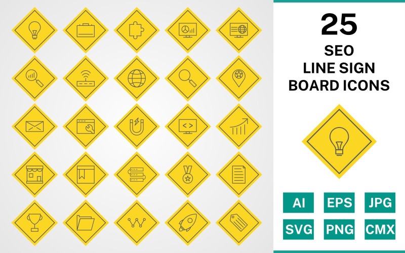 25 Conjunto de ícones de placa de sinal de linha de SEO