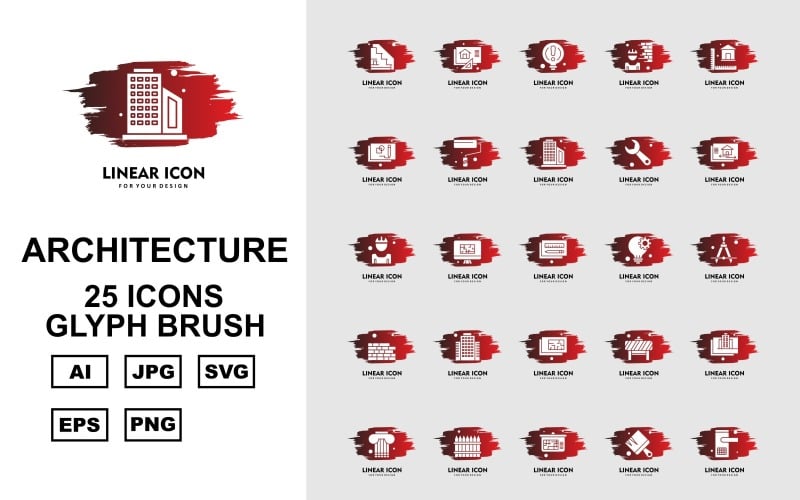 Conjunto de iconos de paquete de cepillo de glifos de arquitectura premium 25