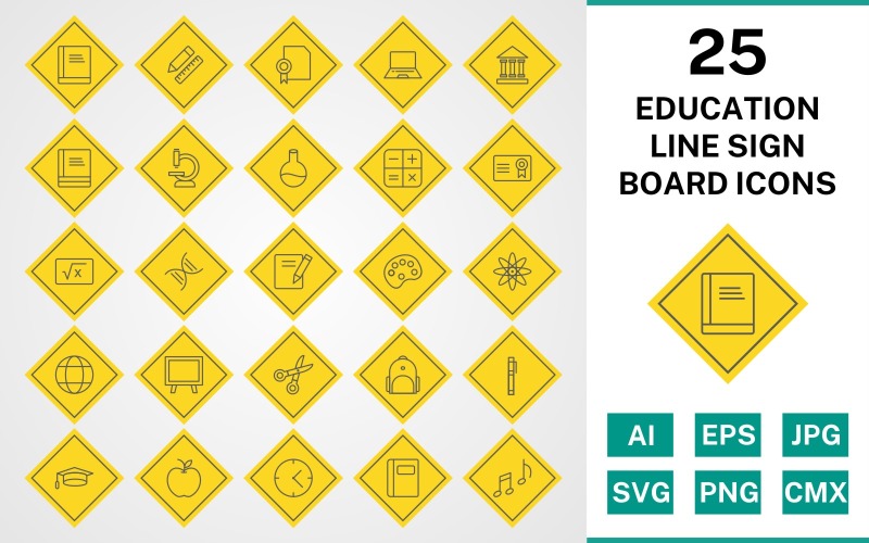 Download Набор иконок "25 Education Line Sign Board Icon Set" / 25 Education Line Sign Board Icon Set - Набор иконок на тему text set,file,icon,icons,line,vector,sign,symbol,pictogram,board,education,books,bagpack,notebook,flask,microscope,notes,markers,calculator