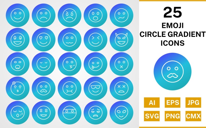 Download Набор иконок "25 Emoji Circle Gradient Icon Set" / 25 Emoji Circle Gradient Icon Set - Набор иконок на тему social media set,file,icon,icons,line,circle,vector,sign,symbol,pictogram,gradient,emoji,happy,sad,lol,alien,kiss,wink,nervous,calm