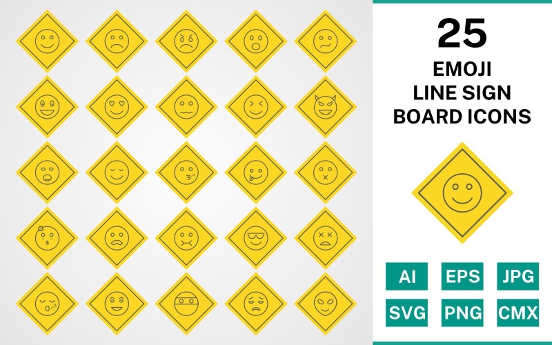 25 Emoji Line Sign Board Ikonuppsättning