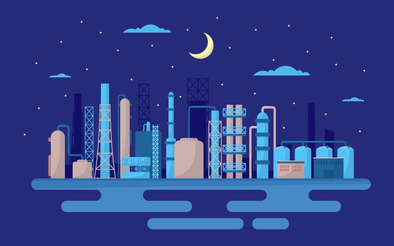 Download Иллюстрация "Factory Building Facilities - Illustration" / Factory Building Facilities - Illustration - Иллюстрация на тему графика industrial,factory,concept,manufacturing,building,facilities,area,flat,illustration,landscape,vector,business,engine,industry,manufacture,cloud,sky,night,moon,stars