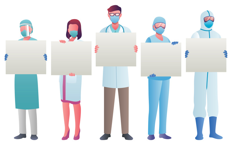 Download Иллюстрация "Health Care Workers Holding Signs - Illustration" / Health Care Workers Holding Signs - Illustration - Иллюстрация на тему графика health care,worker,health care worker,nurse,registered nurse,medical,doctor,medical doctor,physician,doc,medical practitioner,professional,medicine,virologist,surgeon