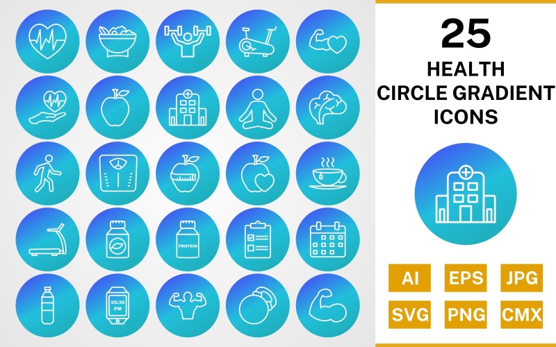 Download Набор иконок "25 Health Circle Gradient Icon Set" / 25 Health Circle Gradient Icon Set - Набор иконок на тему food set,file,icon,icons,line,circle,vector,sign,symbol,pictogram,gradient,health,yoga,salad,heart beat,walking,body,hospital,apple,healthy food