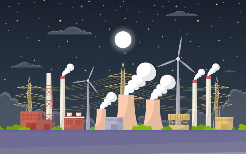 Download Иллюстрация "Industrial Landscape Area - Illustration" / Industrial Landscape Area - Illustration - Иллюстрация на тему графика industrial,factory,concept,manufacturing,building,facilities,area,flat,illustration,landscape,vector,business,engine,industry,manufacture,cloud,sky,night,moon,stars