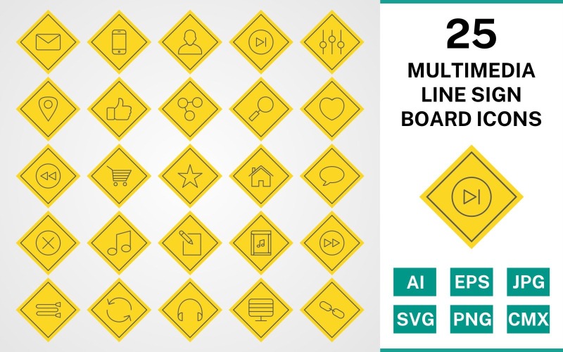 25 jeu d'icônes de panneau de signe de ligne multimédia