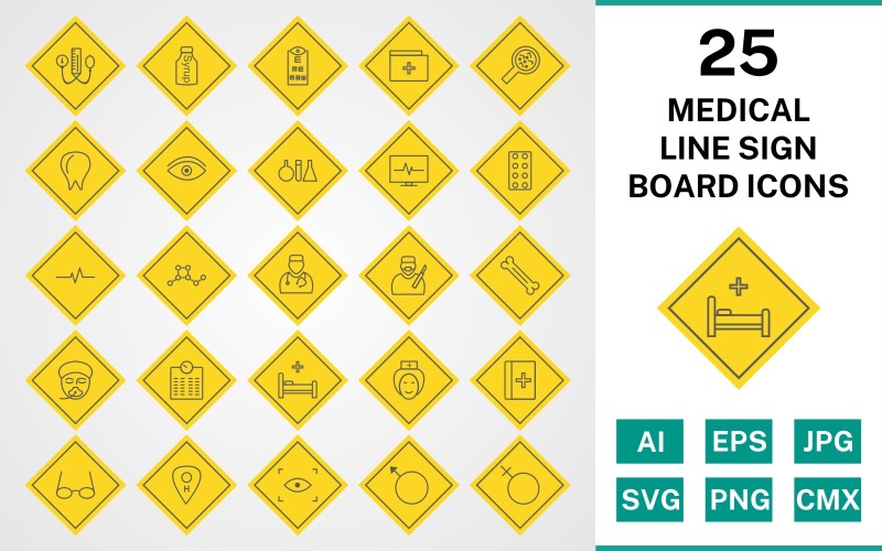 Download Набор иконок "25 Medical Line Sign Board Icon Set" / 25 Medical Line Sign Board Icon Set - Набор иконок на тему medical set,file,icon,icons,line,vector,sign,symbol,pictogram,board,medical,doctor,nurse,bed,scan,eye test,bp apparatus,bone,tablets