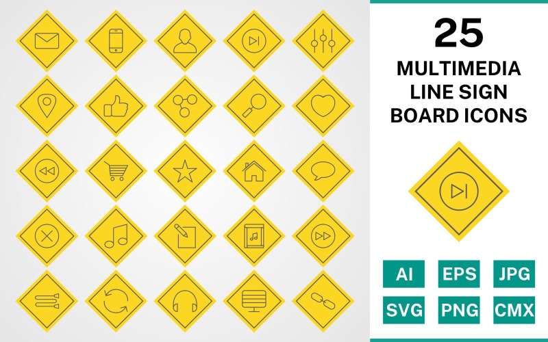 Download Набор иконок "25 Multimedia Line Sign Board Icon Set" / 25 Multimedia Line Sign Board Icon Set - Набор иконок на тему text set,file,icon,icons,line,vector,sign,symbol,pictogram,board,multimedia,next,avatar,heart,back,link,monitor,like,envelope