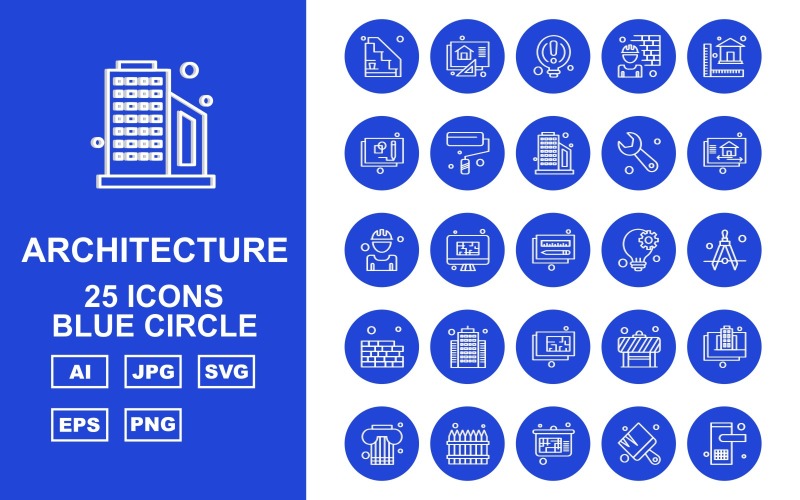 25 Premium Architecture Blue Circle Pack Ikonuppsättning