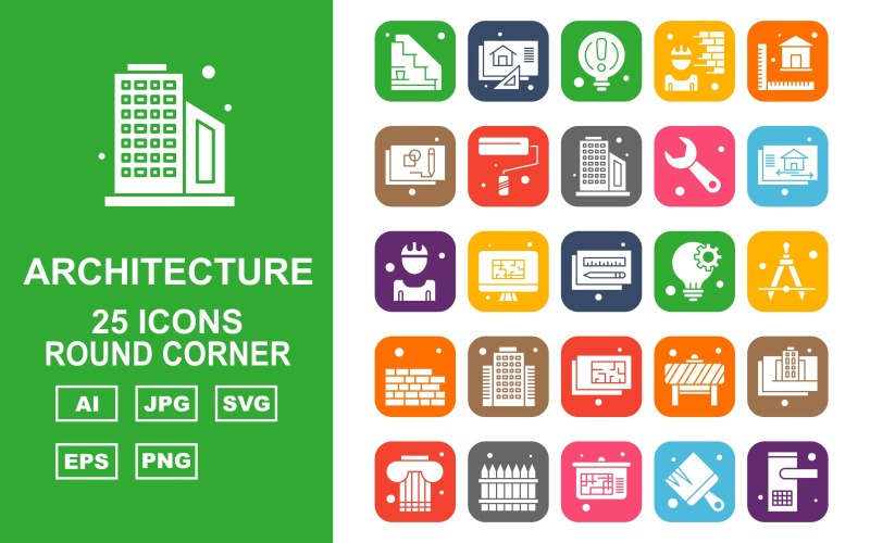 Download Набор иконок "25 Premium Architecture Round Corner Pack Icon Set" / 25 Premium Architecture Round Corner Pack Icon Set - Набор иконок на тему city career,led,barrier,building,column,fence,analytics,architecture,art,bulb,brick,roll,wrench,home,construction worker,pencil,drawing compass,bricks,icon,icons