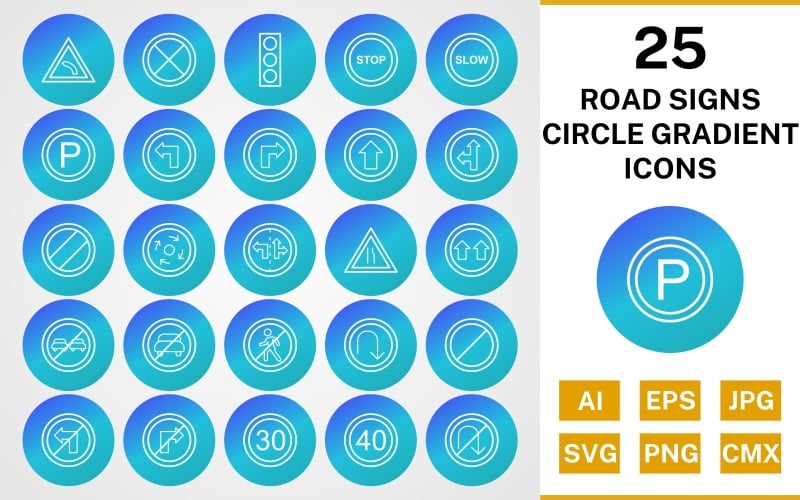 Download Набор иконок "25 Road Signs Circle Gradient Icon Set" / 25 Road Signs Circle Gradient Icon Set - Набор иконок на тему text set,file,icon,icons,line,circle,vector,sign,symbol,pictogram,gradient,road signs,stop,slow,give way,speed limit 40,parking,left bend,u turn,no entry
