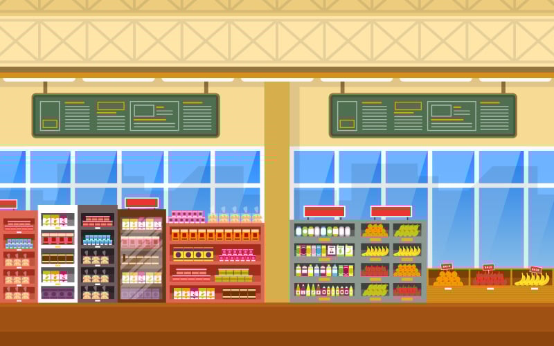 Download Иллюстрация "Store Modern Interior - Illustration" / Store Modern Interior - Illustration - Иллюстрация на тему графика supermarket,grocery,shelf,store,retail,shop,mall,interior,flat,illustration,vector,market,sale,fruit,milk,background,big,groceries,showcase,room