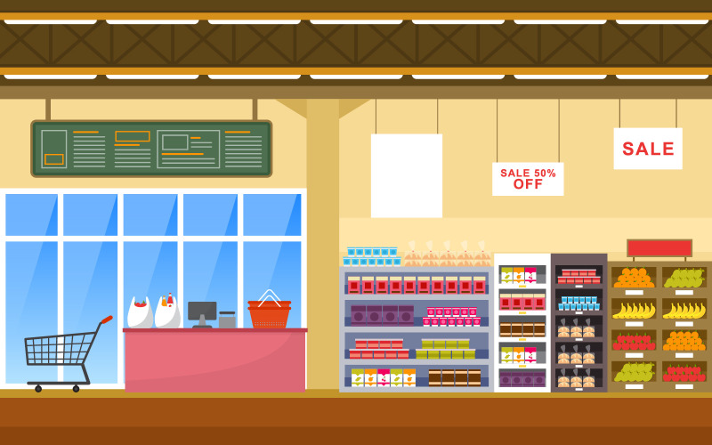 Download Иллюстрация "Store Retail Interior - Illustration" / Store Retail Interior - Illustration - Иллюстрация на тему графика supermarket,grocery,shelf,store,retail,shop,mall,interior,flat,illustration,vector,market,sale,fruit,milk,background,big,empty,groceries,showcase