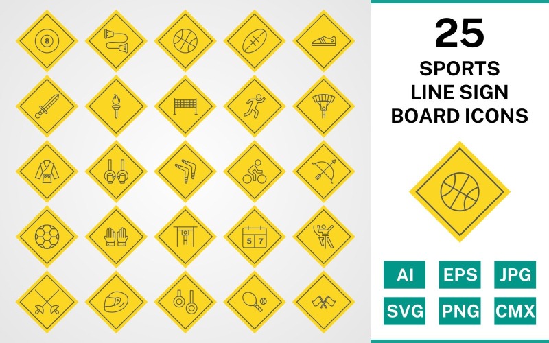 25 видов спорта и игр Line Sign Board Icon Set
