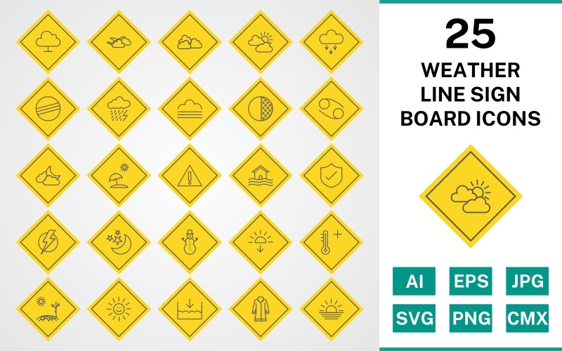 Download Набор иконок "25 Weather Line Sign Board Icon Set" / 25 Weather Line Sign Board Icon Set - Набор иконок на тему weather set,file,icon,icons,line,vector,sign,symbol,pictogram,board,weather,cloudy,hot,sunset,sheild,fog,beach umbella,snowman,dark ray