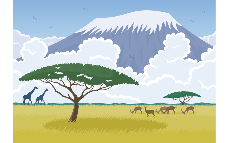 Download Иллюстрация "Africa - Illustration" / Africa - Illustration - Иллюстрация на тему графика africa,african,landscape,background,kilimanjaro,savannah,nature,wildlife reserve,cloudscape,tree,acacia,grass,landmark,safari,giraffe,gazelle,impala,antelope
