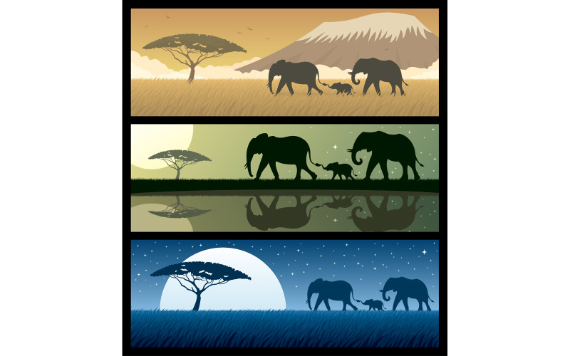 Download Иллюстрация "Africa Landscapes 2 - Illustration" / Africa Landscapes 2 - Illustration - Иллюстрация на тему графика africa,african,landscape,background,banner,elephant,family,baby,savannah,kilimanjaro,tree,acacia,grass,landmark,animals,safari,night,moon