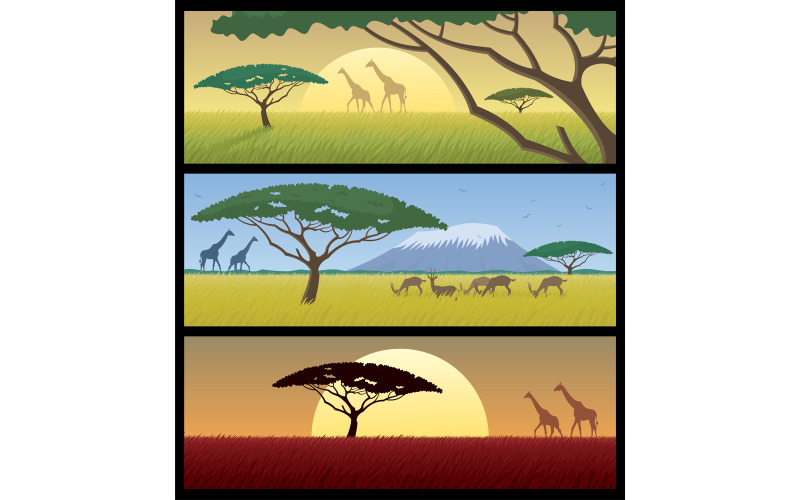 Download Иллюстрация "Africa Landscapes - Illustration" / Africa Landscapes - Illustration - Иллюстрация на тему графика africa,african,landscape,background,banner,savanna,kilimanjaro,tree,acacia,grass,landmark,animals,safari,sunset,dusk,sunrise,horizon,sky,branch