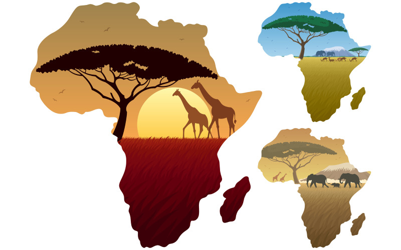Download Иллюстрация "Africa Map Landscapes - Illustration" / Africa Map Landscapes - Illustration - Иллюстрация на тему графика africa,african,map,landscape,double exposure,silhouette,continent,giraffe,elephant,gazelle,impala,antelope,herd,savannah,tree,acacia,grass,landmark,animal