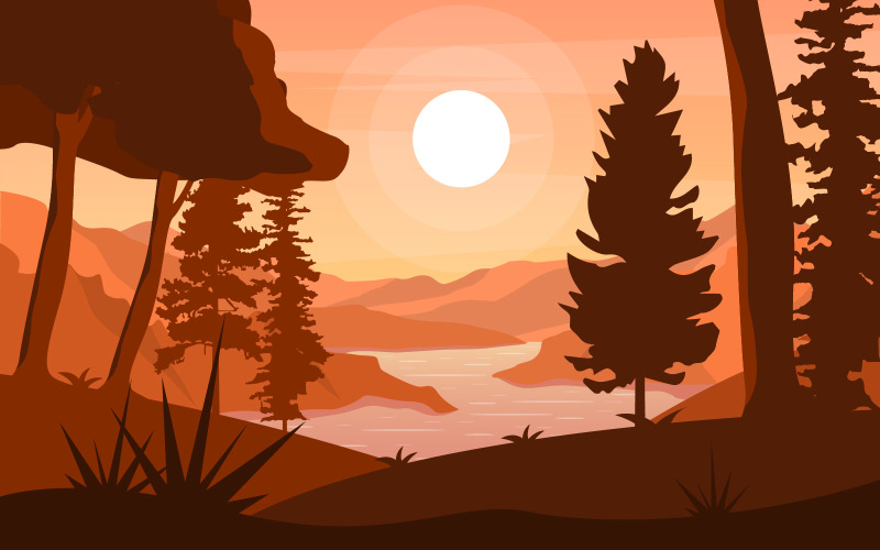 Download Иллюстрация "Afternoon Sunset Landscape - Illustration" / Afternoon Sunset Landscape - Illustration - Иллюстрация на тему графика river,flowing,forest,environment,beautiful,rural,nature,landscape,illustration,vector,water,valley,isolated,eco,fresh,natural,outdoor,wild,green,clean