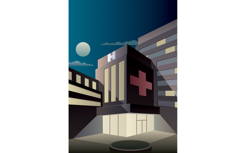 Download Иллюстрация "Art Deco Hospital - Illustration" / Art Deco Hospital - Illustration - Иллюстрация на тему графика hospital,building,clinic,medical,medicine,help,aid,first,healthcare,health,care,service,emergency,symbol,sign,cross,art deco,style,poster,comic book