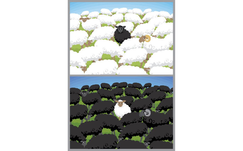 Download Иллюстрация "Black Sheep - Illustration" / Black Sheep - Illustration - Иллюстрация на тему графика black sheep,sheep,ewe,lamb,ram,animal,cartoon,black,white,flock,herd,metaphor,concept,individuality,bizarre,loneliness,rejection,contrast,solitude,standout