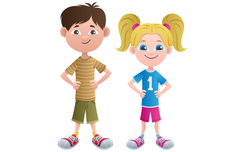 Download Иллюстрация "Boy and Girl - Illustration" / Boy and Girl - Illustration - Иллюстрация на тему графика boy,girl,child,kid,young,little,small,baby,character,sneakers,shorts,shirt,posing,standing,happy,smiling,cheerful,casual,caucasian,friend