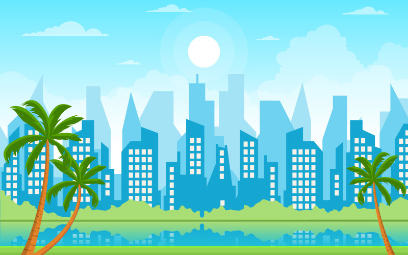 Download Иллюстрация "City Park River - Illustration" / City Park River - Illustration - Иллюстрация на тему графика beautiful,river,city,park,modern,building,skyline,landmark,illustration,vector,water,cloud,town,landscape,lake,urban,flat,cityscape,future,green