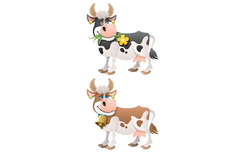 Download Иллюстрация "Cow - Illustration" / Cow - Illustration - Иллюстрация на тему графика cow,cartoon,animal,character,happy,cheerful,smiling,dairy,cattle,livestock,illustration,vector,isolated,bell,flower,milk,udder,domestic,grazing,pasture