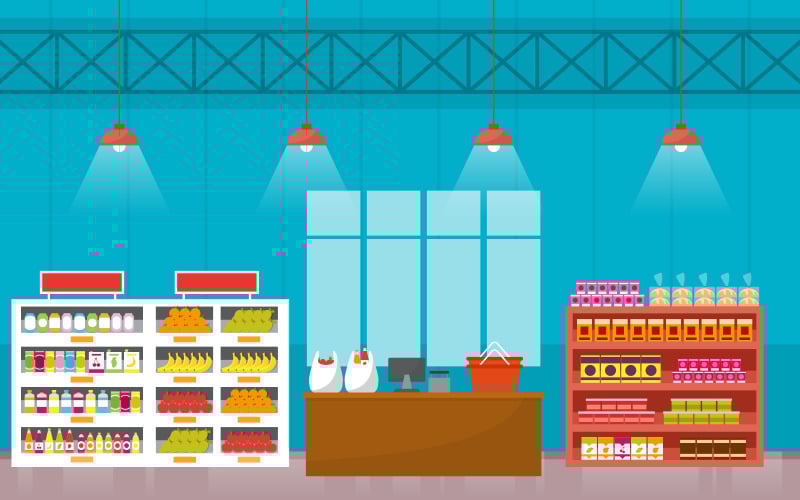 Download Иллюстрация "Grocery Shelf Retail - Illustration" / Grocery Shelf Retail - Illustration - Иллюстрация на тему графика supermarket,grocery,shelf,store,retail,shop,mall,interior,flat,illustration,vector,market,sale,fruit,milk,background,big,empty,groceries,showcase