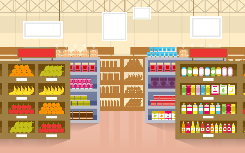 Download Иллюстрация "Interior Grocery Design - Illustration" / Interior Grocery Design - Illustration - Иллюстрация на тему графика supermarket,grocery,shelf,store,retail,shop,mall,interior,flat,illustration,vector,market,sale,fruit,milk,background,big,empty,groceries,showcase