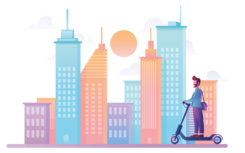 Download Иллюстрация "Man on Electric Scooter 2 - Illustration" / Man on Electric Scooter 2 - Illustration - Иллюстрация на тему графика electric,scooter,electric scooter,electric push scooter,traffic,man,character,person,city,cityscape,urban,active,lifestyle,device,activity,alternative