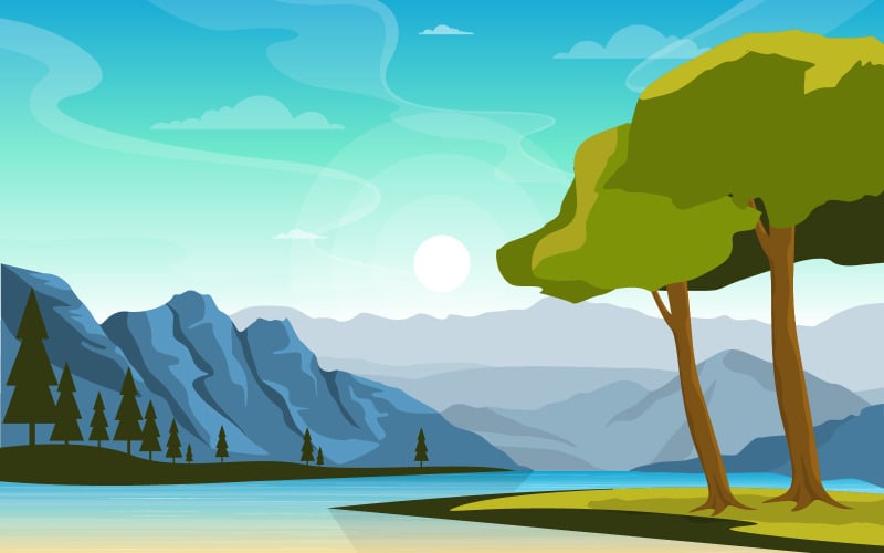 Mattina paesaggio fluviale - illustrazione