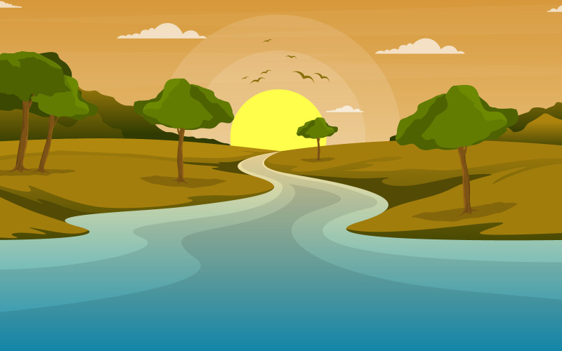 Middag Rivierlandschap - Illustratie