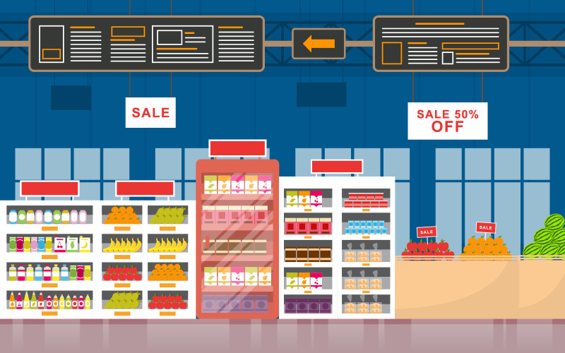 Download Иллюстрация "Modern Department Interior - Illustration" / Modern Department Interior - Illustration - Иллюстрация на тему графика supermarket,grocery,shelf,store,retail,shop,mall,interior,flat,illustration,vector,market,sale,fruit,milk,background,big,empty,groceries,showcase