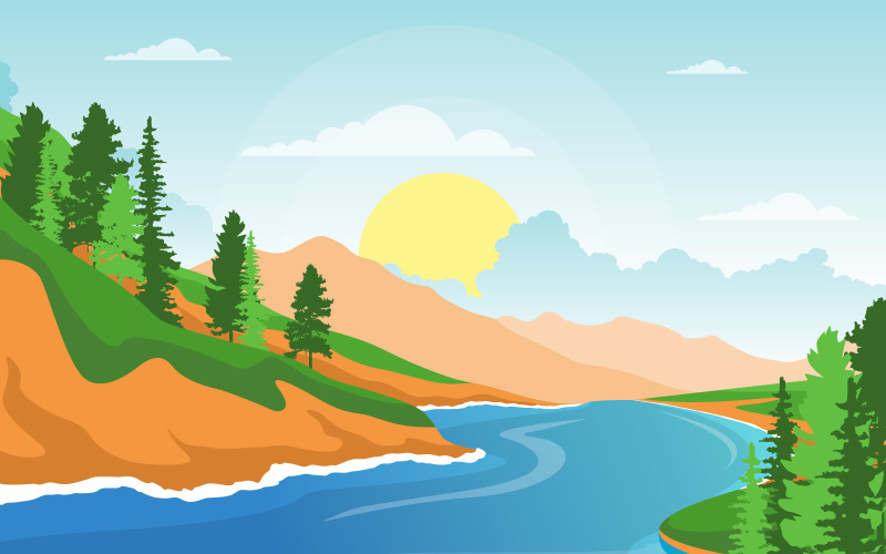 Download Иллюстрация "Morning Sunrise Riverl - Illustration" / Morning Sunrise Riverl - Illustration - Иллюстрация на тему графика river,flowing,forest,environment,beautiful,rural,nature,landscape,illustration,vector,water,valley,isolated,eco,fresh,natural,outdoor,wild,green,clean